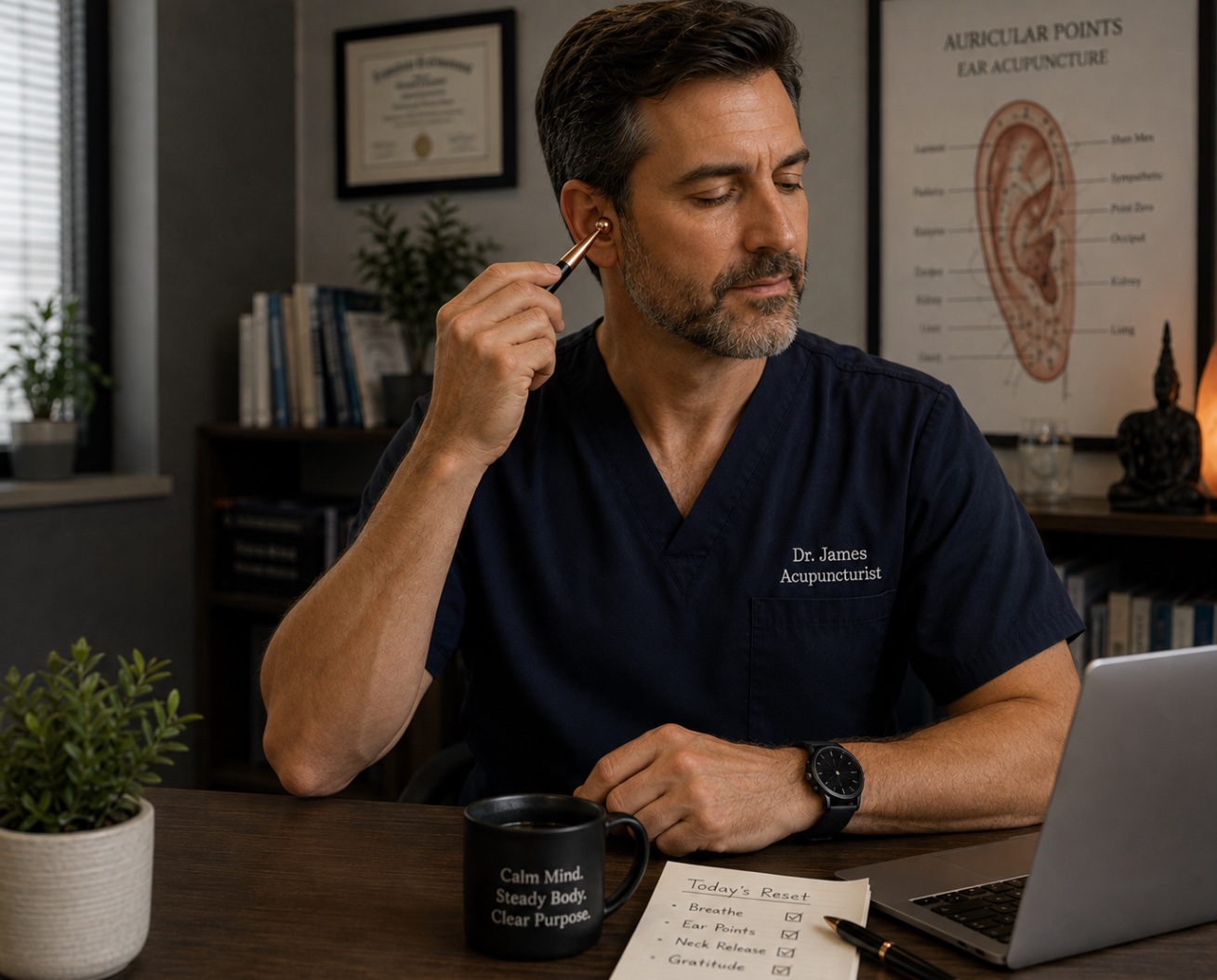 An acupuncturist in scrubs demonstrating the Reset Wand at his ear beside an auricular points chart