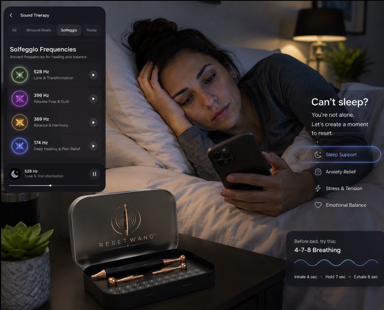 A woman who can't sleep lying in bed at night, following a guided Reset App sleep support routine on her phone