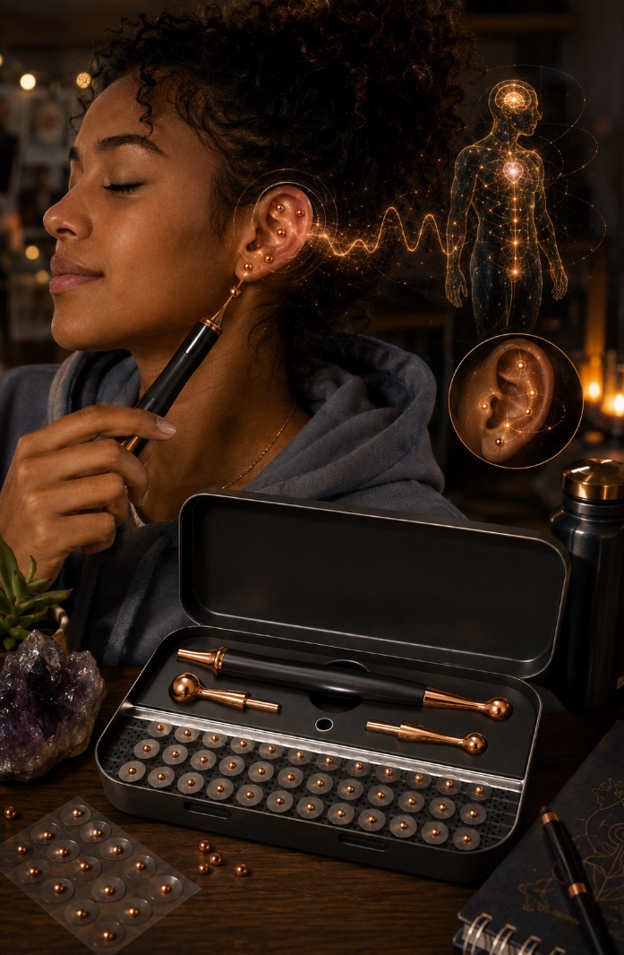 A woman with her eyes closed calmly applying the Reset Wand to auricular points on her ear