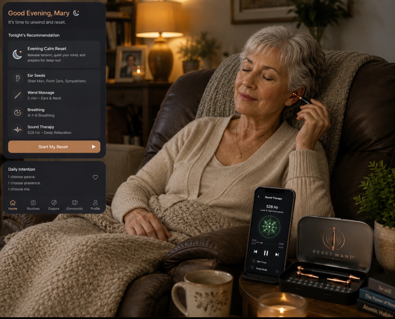 An older woman relaxing in an armchair with a blanket, using the Reset Wand during her evening calm routine
