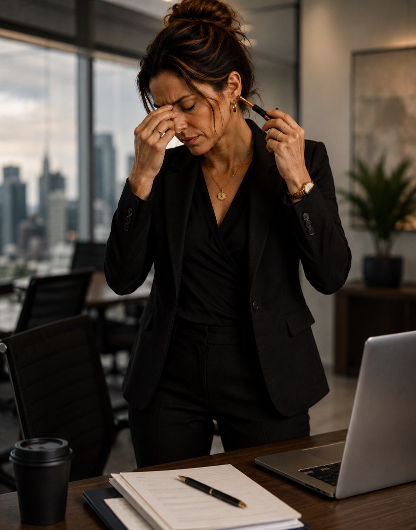 An executive standing at her desk, pressing the bridge of her nose in tension while holding the Reset Wand to her ear