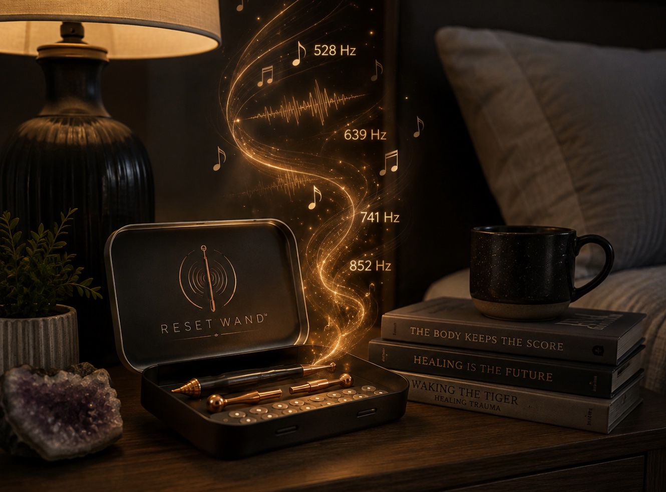 The open Reset Wand case on a nightstand beside books and a mug, with sound frequencies rising from it