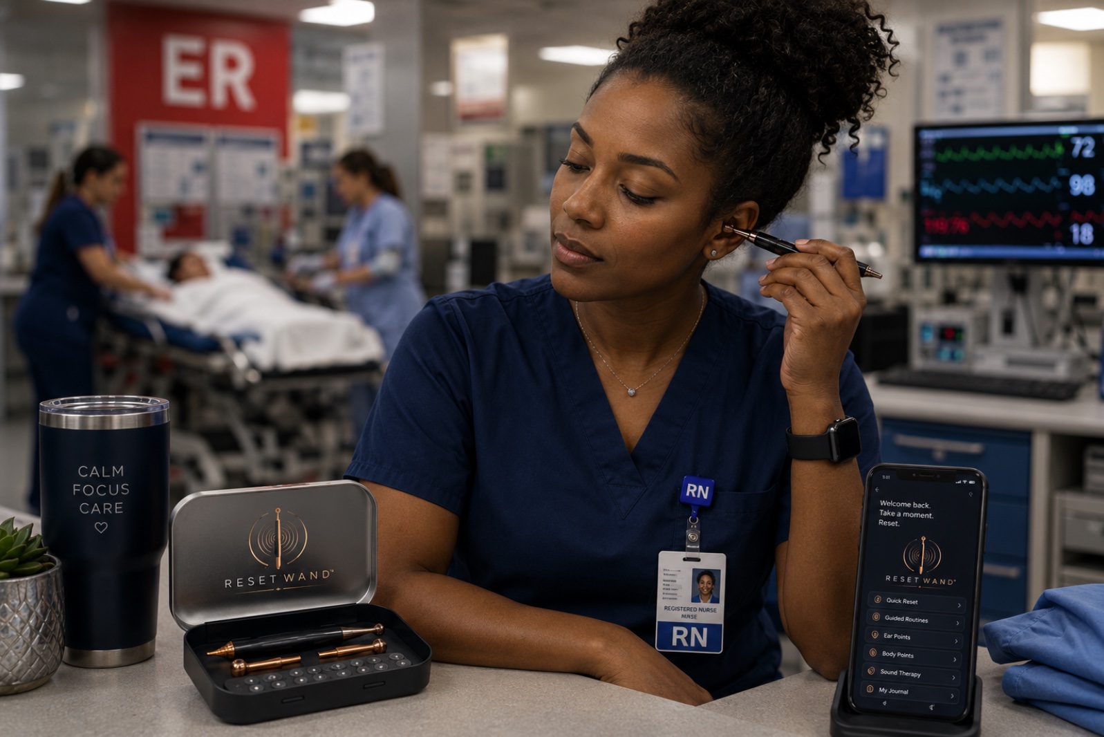 An ER nurse taking a moment between shifts to use the Reset Wand at her ear