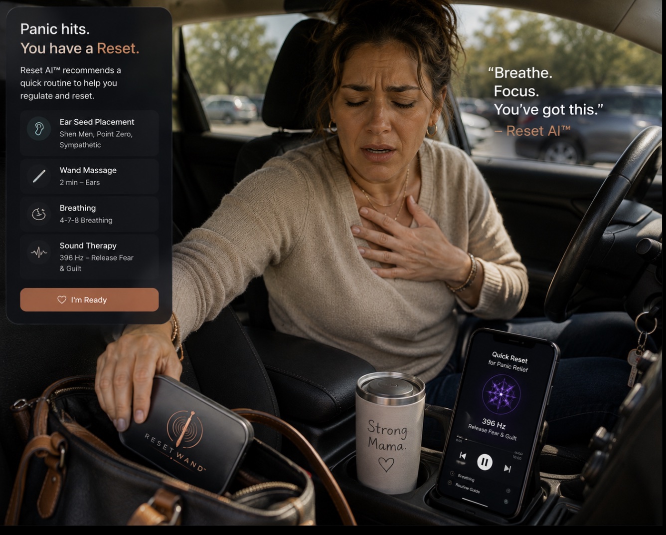 A distressed mother in her parked car, hand on her chest, reaching for her Reset Wand case