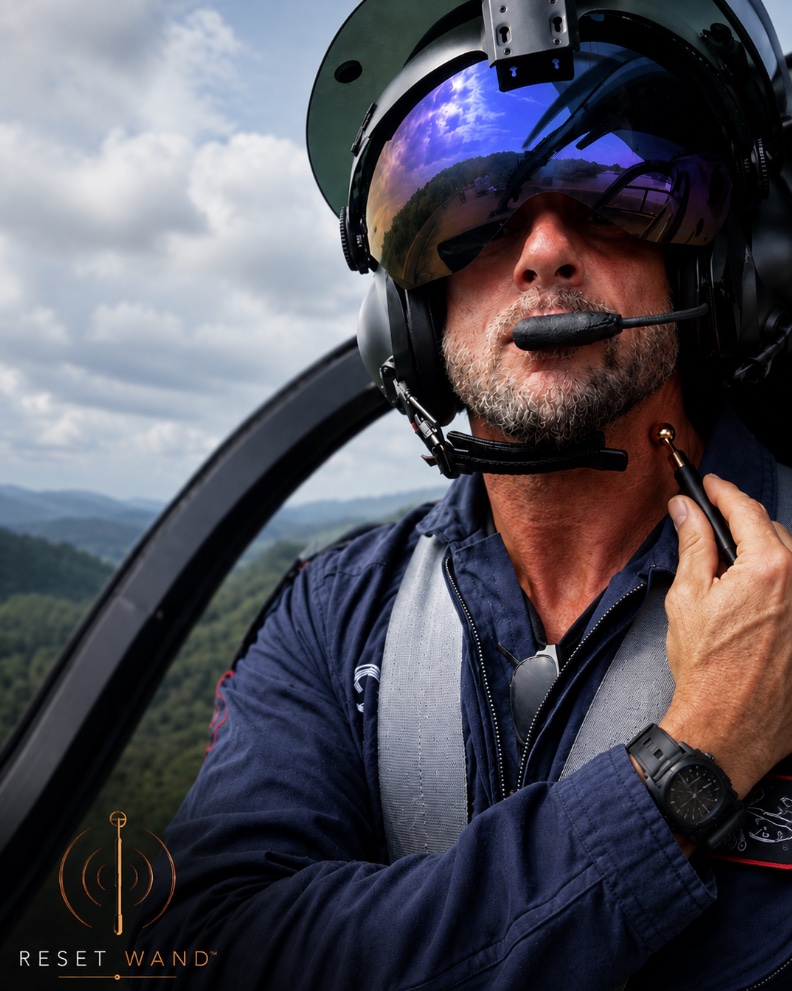 A helicopter pilot in flight gear using the Reset Wand at his neck