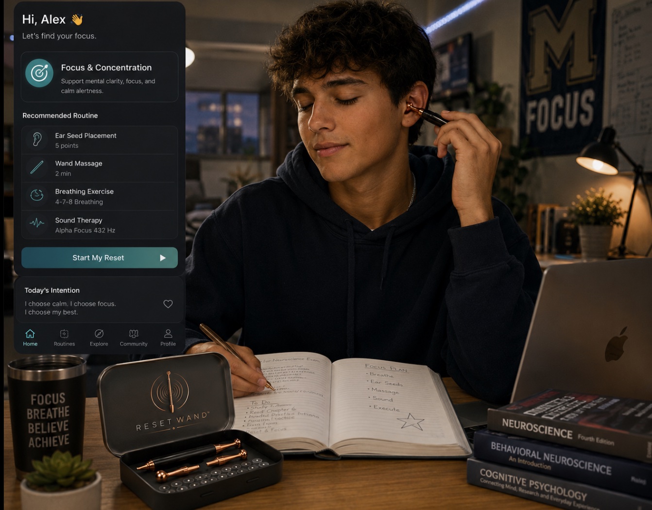 A student at his desk using the Reset Wand at his ear while studying with the Reset App open