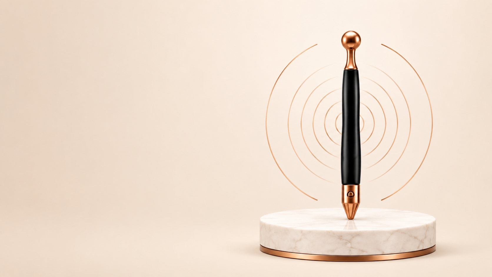 The Reset Wand, a black wand with copper tips standing on a marble pedestal, surrounded by frequency rings