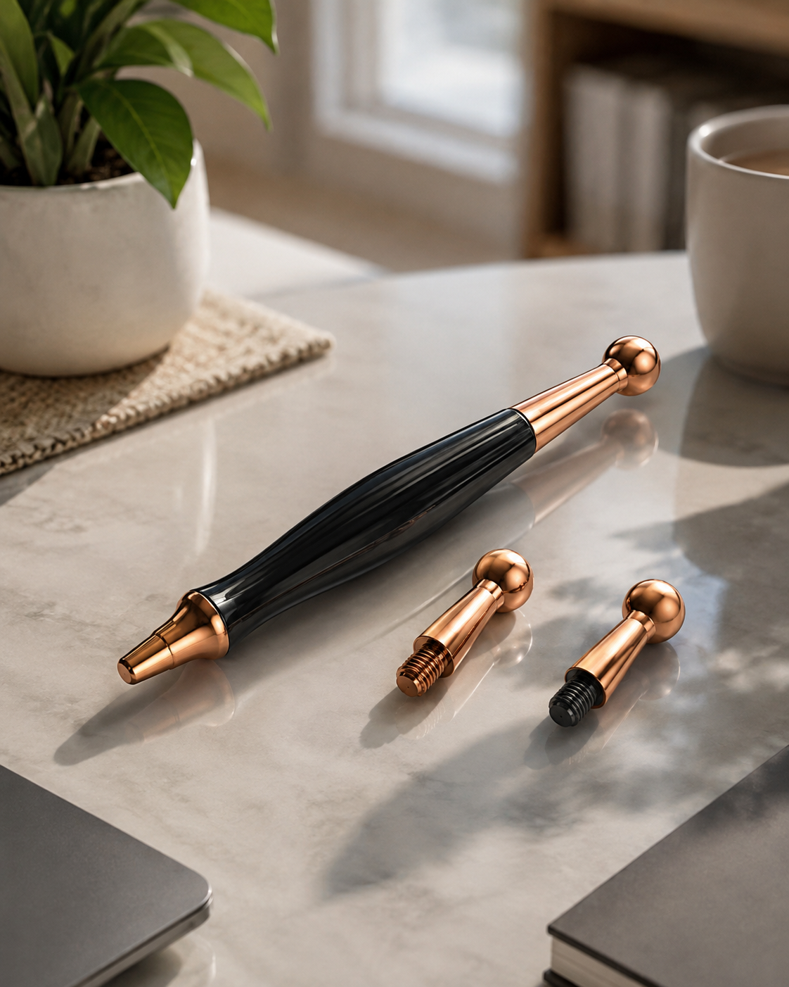 The Reset Wand disassembled to show its interchangeable copper attachments