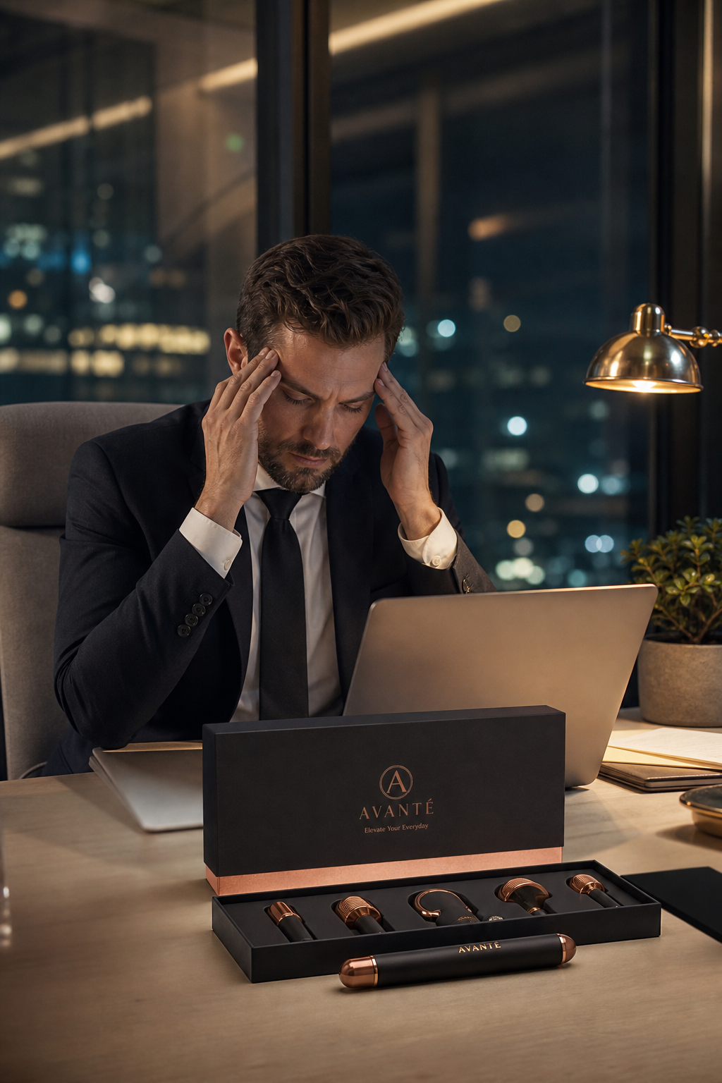 A stressed professional at a desk late at night, a wellness kit open in front of him