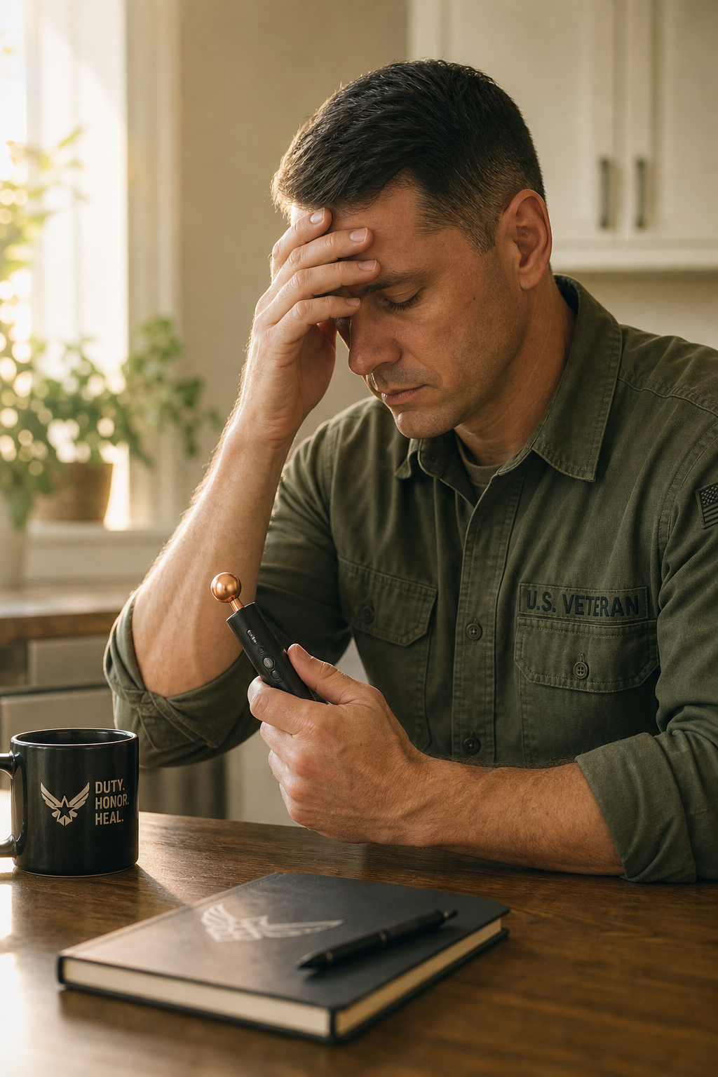 A U.S. veteran at a kitchen table, head in hand, holding the Reset Wand